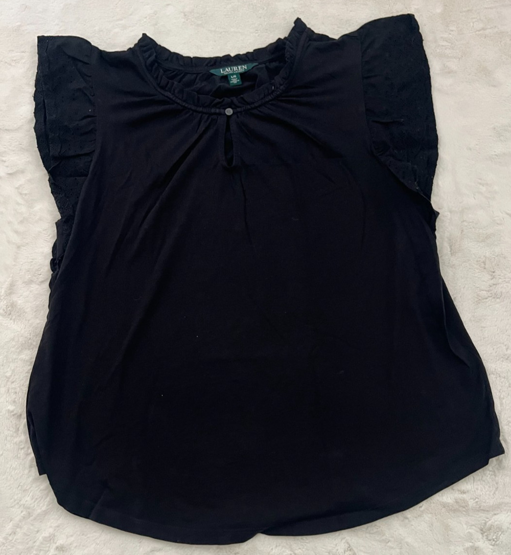 Lauren Ralph Lauren Women Large Black Eyelet Ruffle Sleeve Keyhole Blouse